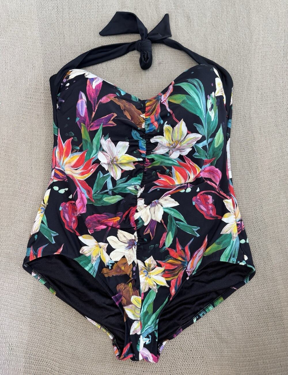 Maxine of Hollywood Black Multicolor Floral Halter Ruched One Piece Swimsuit 16